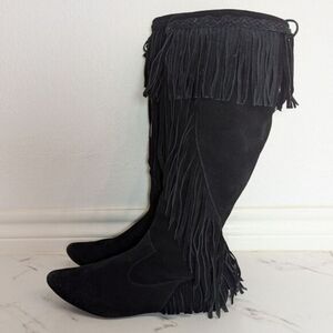 Sam Edelman Black Leather Suede Utah Fringe Bohemian Boho Festival Boots 6 M